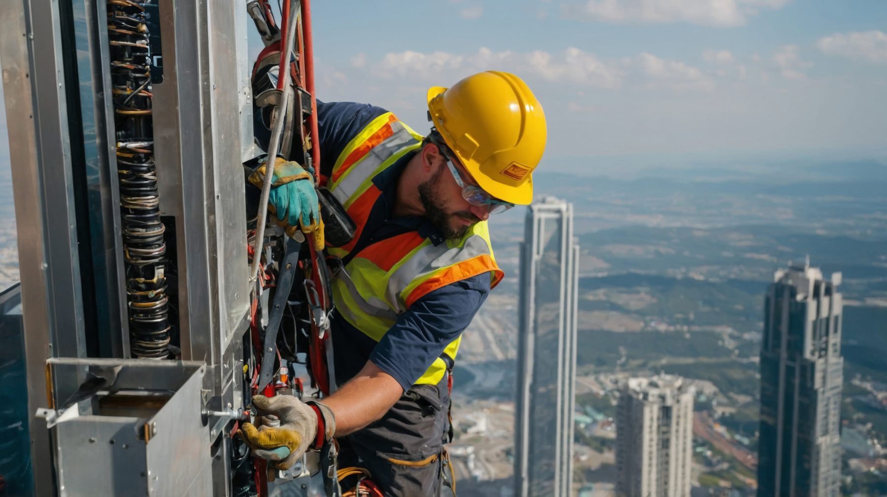 Técnico trabajando a gran altura sobre una estructura, con arnés y línea de vida